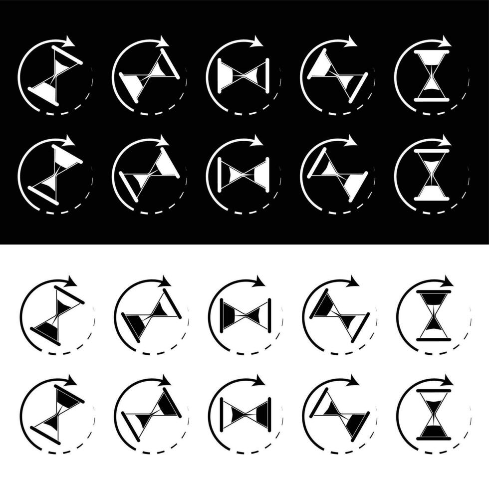 zandloper animatie zwart wit. tijd klok, zand klok en stopwatch, tijd rennen uit, vector illustratie