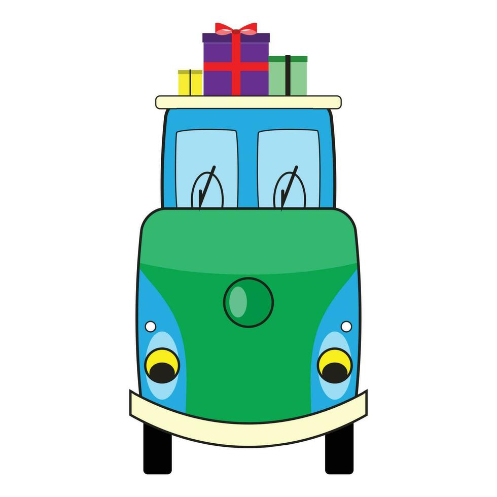 tekenfilm kar met cadeaus doos. Kerstmis auto vervoer, vector illustratie