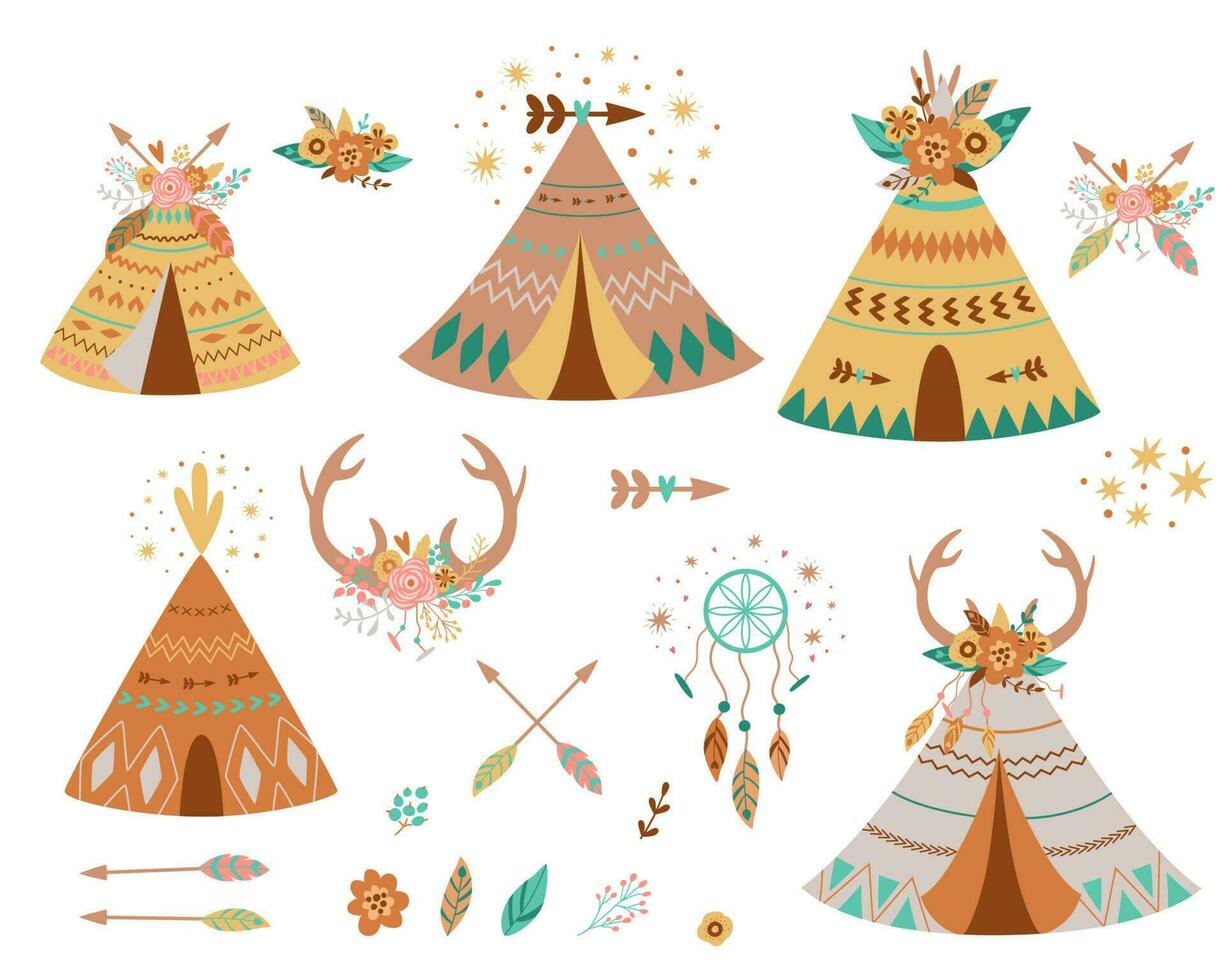 Tipi tenten en pijlen verzameling. inheems Amerikaans Tipi set, bloemen, hoorns, dromenvanger hipster. kinderen wigwam tent. schattig zomer avontuur grafisch element geïsoleerd Indisch tenten vector illustratie.