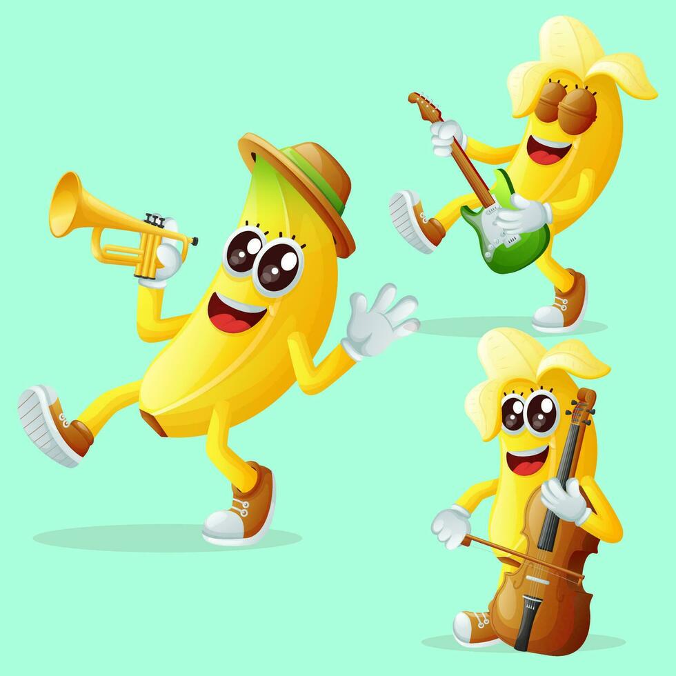 schattig banaan tekens spelen musical instrumenten vector