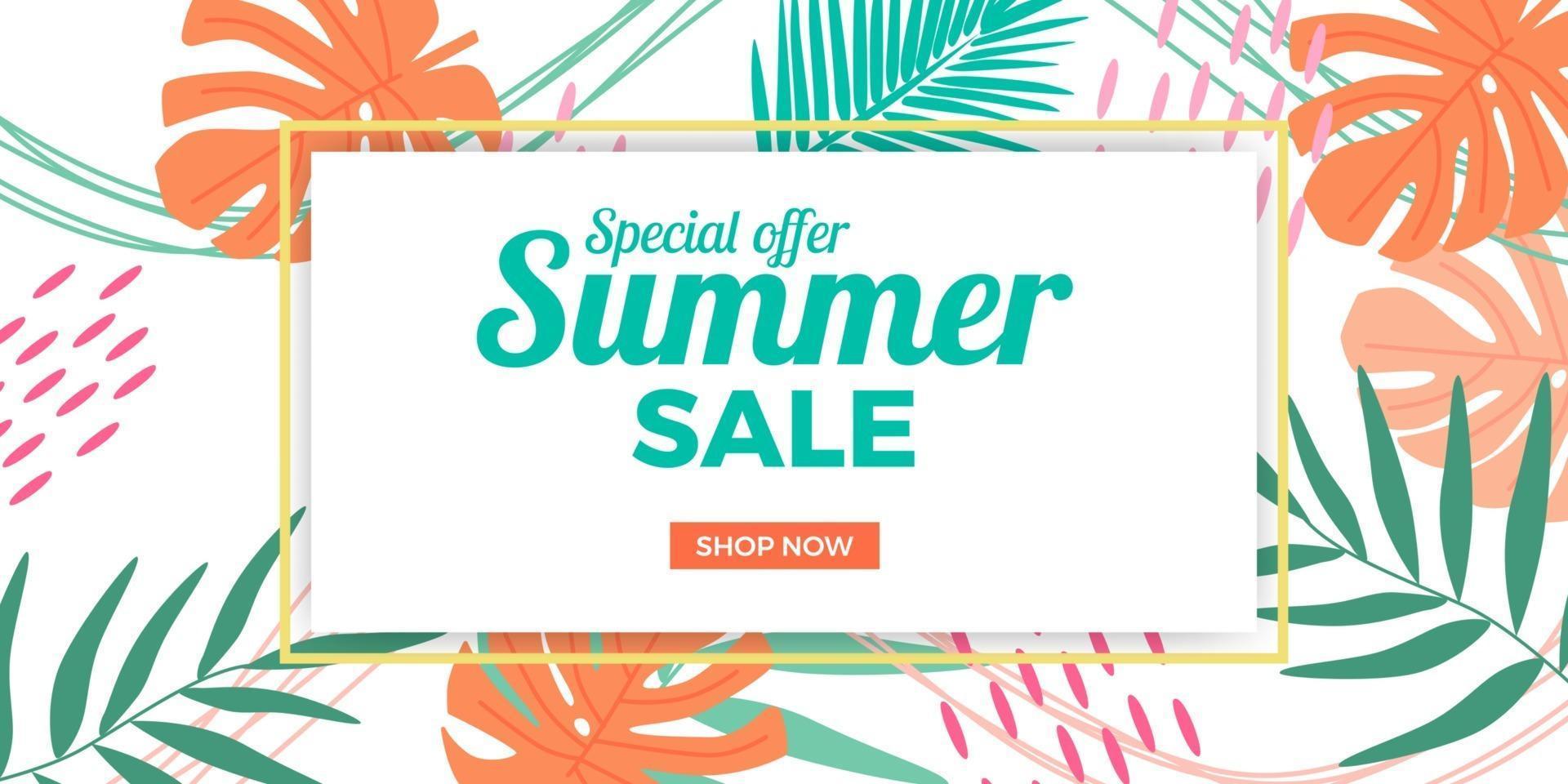 zomer verkoop aanbieding banner promotie met abstracte memphis tropische bladeren met witte achtergrond vector