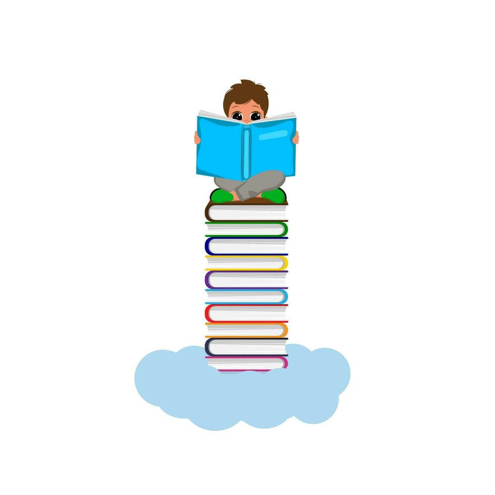 een stapel van boeken Aan een wolk en een kind lezing een boek terwijl zitten. vector