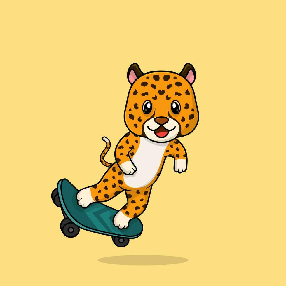 vector schattig baby Jachtluipaard tekenfilm spelen skateboard icoon vlak illustratie.