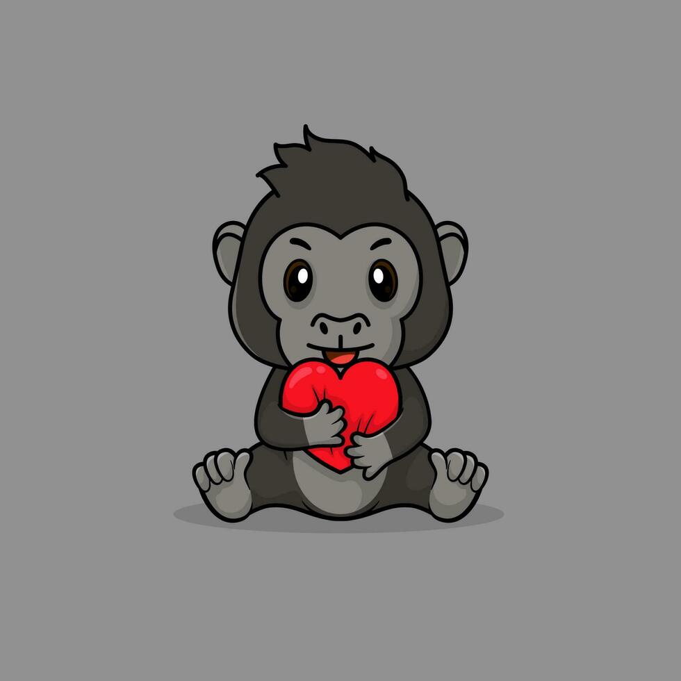 vector schattig baby gorilla tekenfilm Holding liefde icoon vlak illustratie.