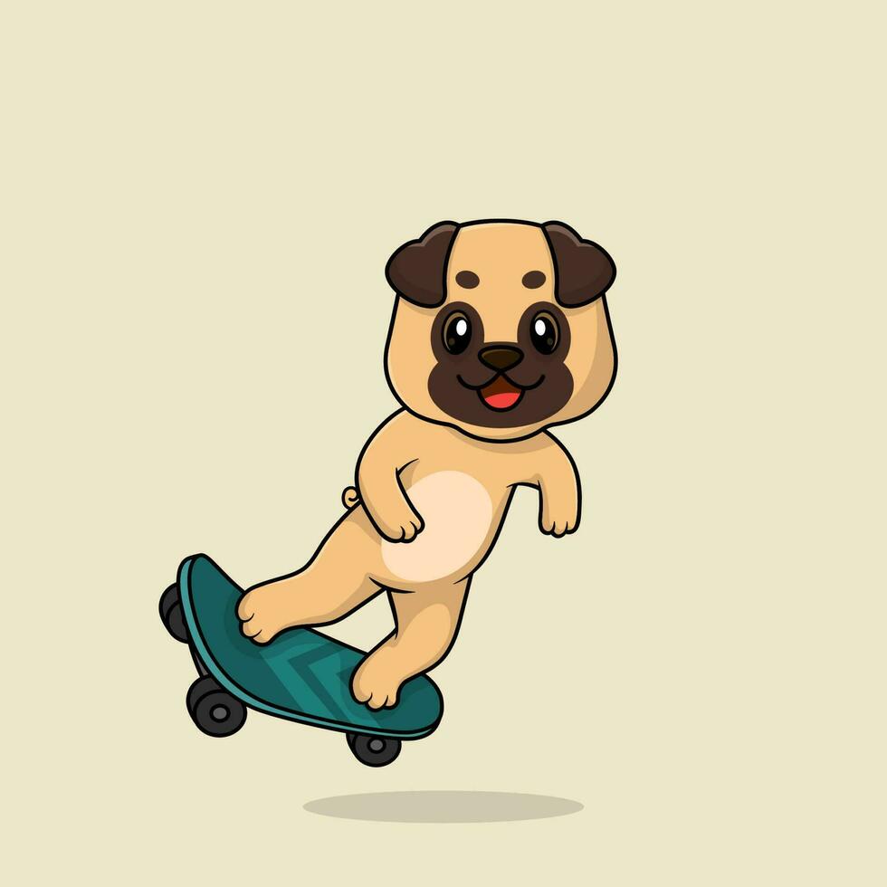 vector schattig baby mopshond hond tekenfilm spelen skateboard icoon vlak illustratie.