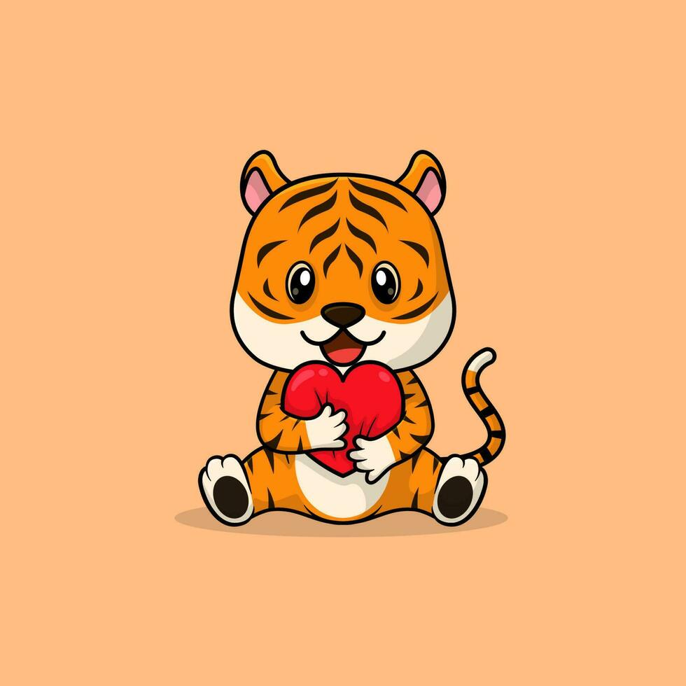 vector schattig baby tijger tekenfilm Holding liefde icoon vlak illustratie.
