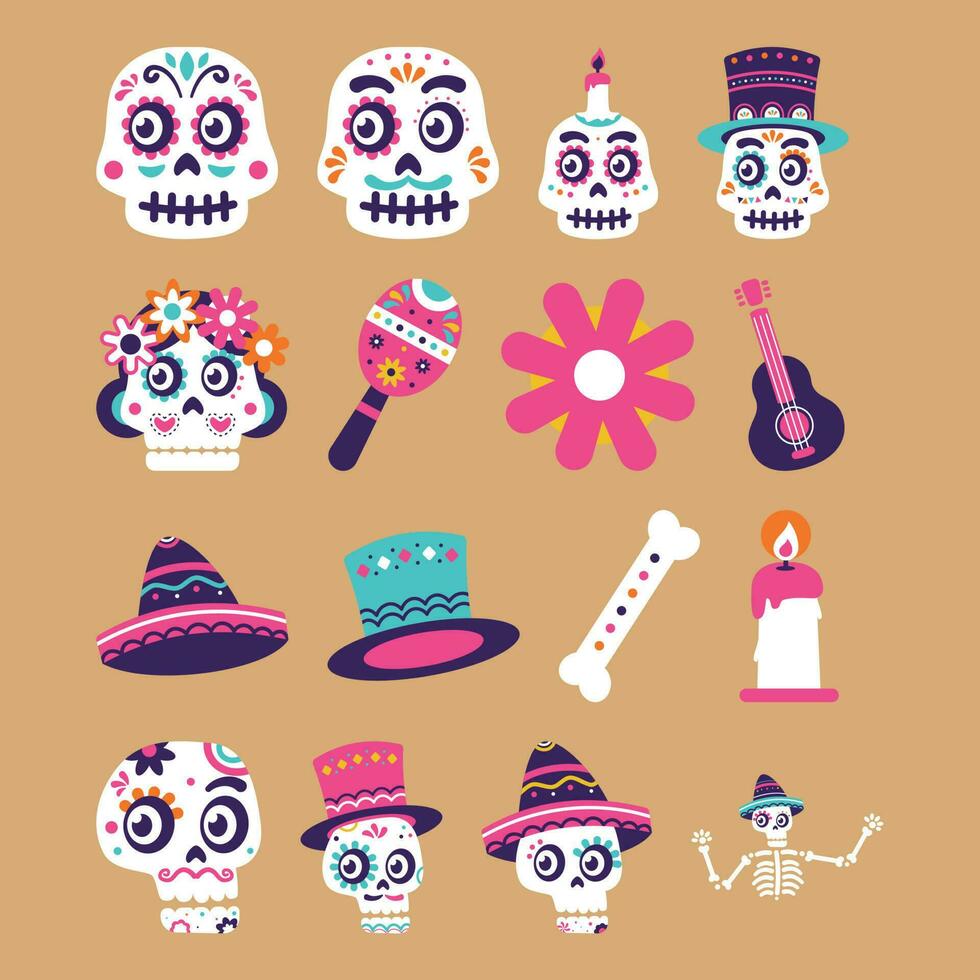 dag van dood, dia de los muertos, vlak vector illustraties set. suiker Mexicaans schedels, skeletten in Mexicaans traditioneel kleren. hoed, bloem, kaars geïsoleerd cliparts. vakantie stickers, patches pak
