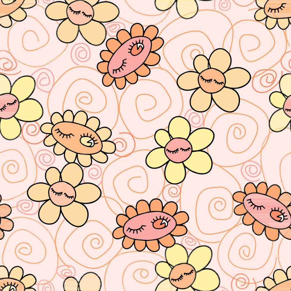 naadloos vector patroon met hippie stijl madeliefjes in oranje en beige kleuren.
