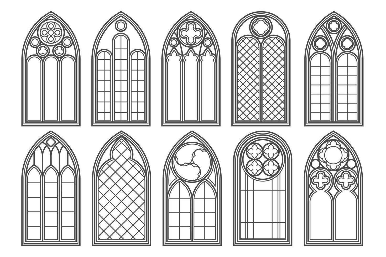 gotisch kerk ramen. vector architectuur bogen met glas. oud kasteel en kathedraal kozijnen. middeleeuws gebrandschilderd interieur ontwerp. wijnoogst illustratie