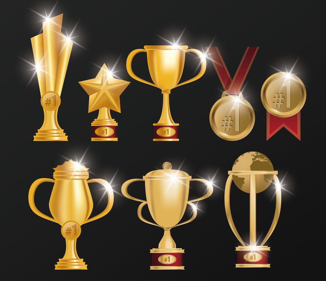 set van trofeeën en medailles awards poster vector