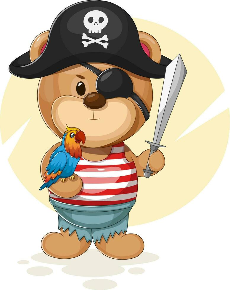 piraat avonturen van de beer. pret vector illustratie van een piraat beer met een zwaard en papegaai