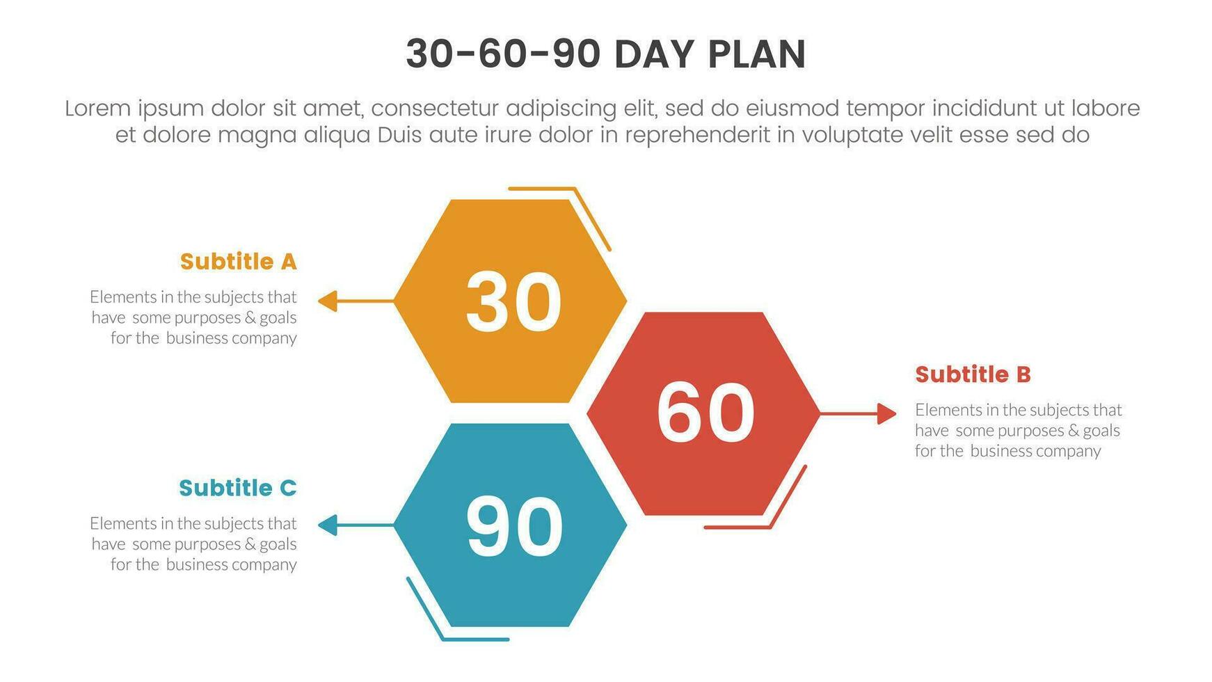 30-60-90 dag plan beheer infographic 3 punt stadium sjabloon met honingraat vorm verticaal richting concept voor glijbaan presentatie vector