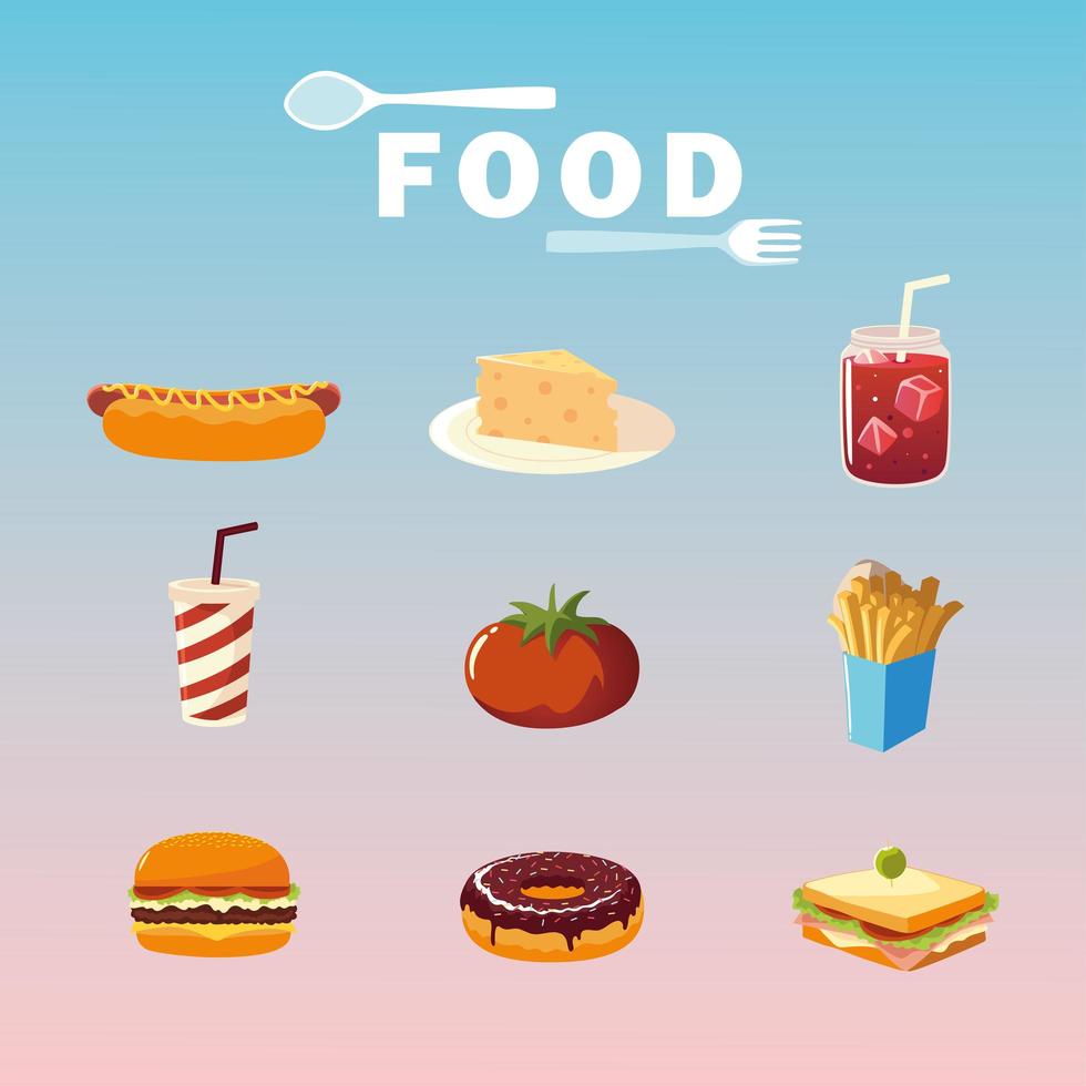 voedsel hotdog hamburger tomaat frisdrank sap sandwich frietjes poster vector