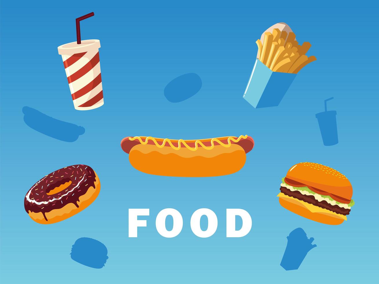 fast food hotdog hamburger frietjes donut frisdrank met schaduw op blauwe achtergrond vector