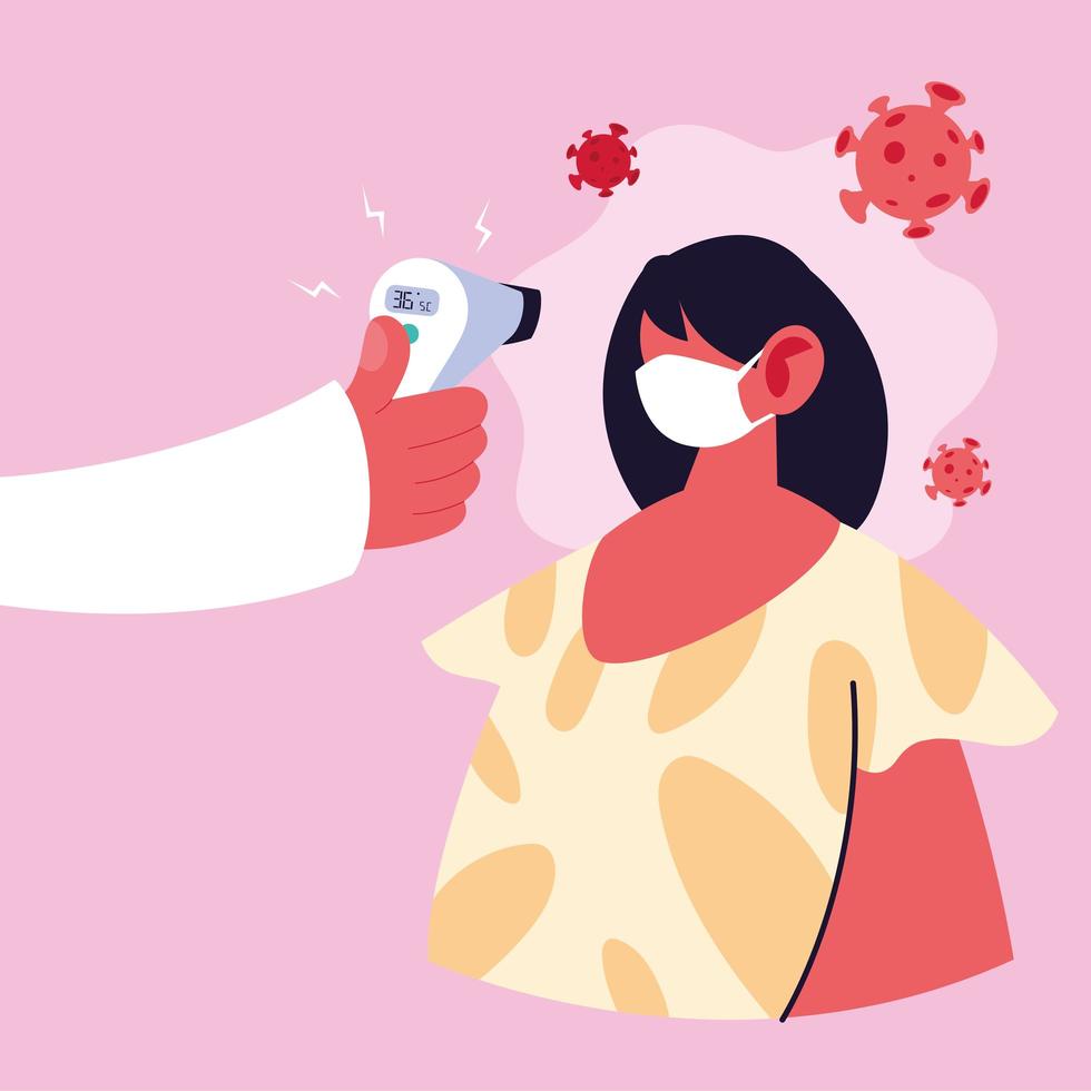 arts meet de temperatuur van een vrouw in een medisch masker coronaviruspreventie vector