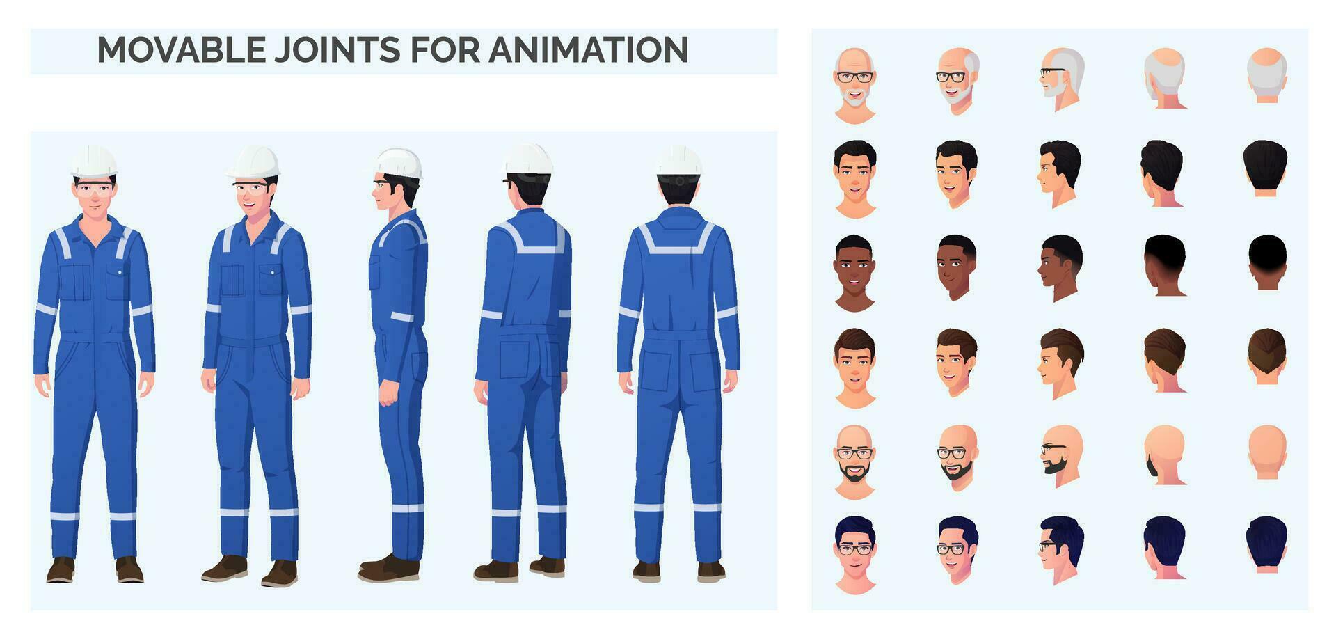 ingenieur, klusjesman karakter creatie pak met Mens vervelend blauw overall, en veiligheid helm, googlet, divers etniciteiten en races monteur, loodgieter vector