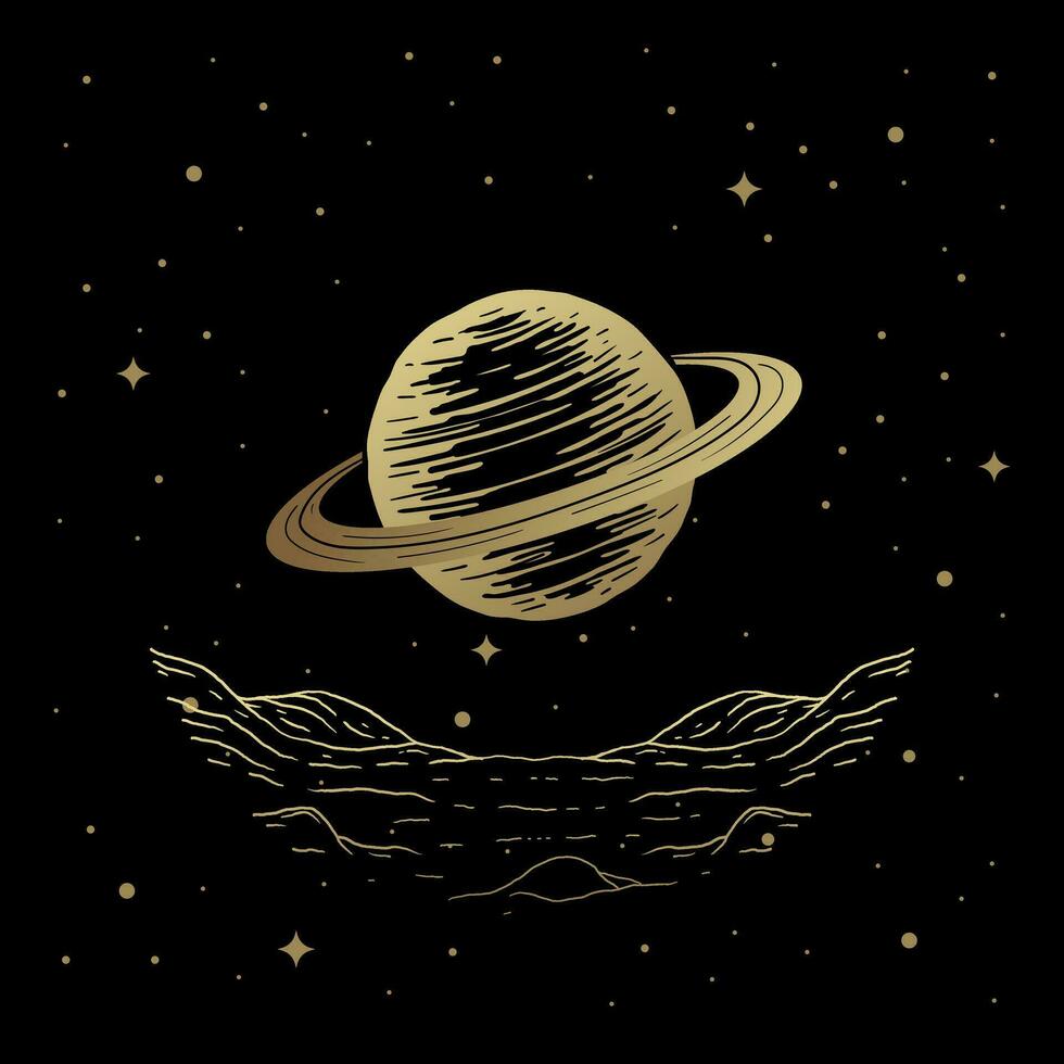 Saturnus verlicht de nacht lucht met haar ring, illustratie gebruik gravure stijl vector
