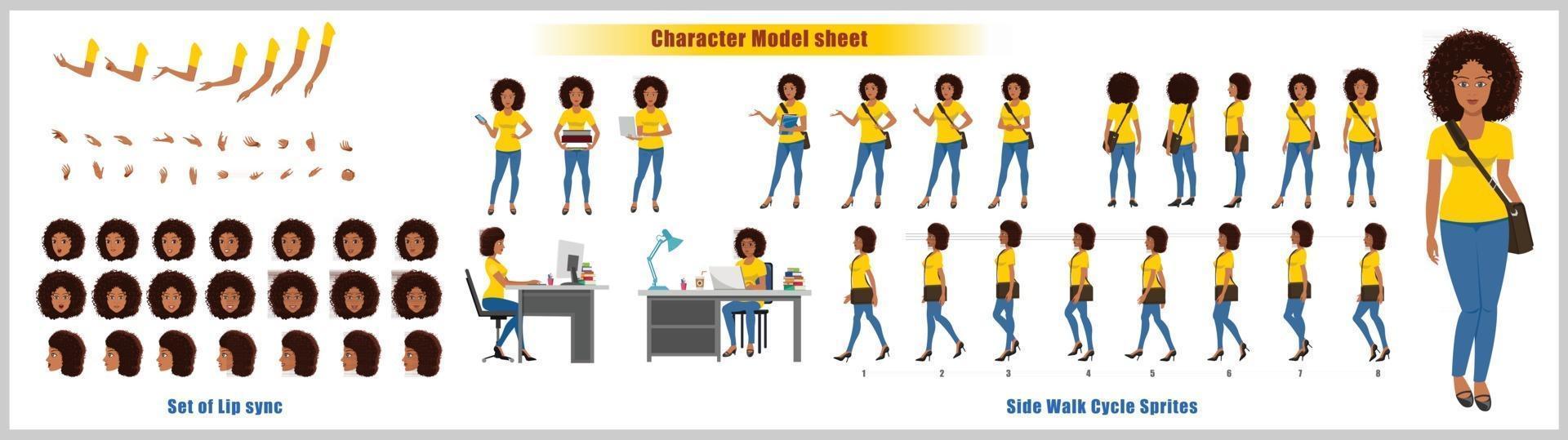 afrikaans amerikaans meisje karakterontwerp modelblad meisjeskarakterontwerp voorzijde achteraanzicht en uitleganimatie poses tekenset met lipsynchronisatie-animatiereeks van alle voor-, achter- en zijloopcyclusanimatiesequenties vector