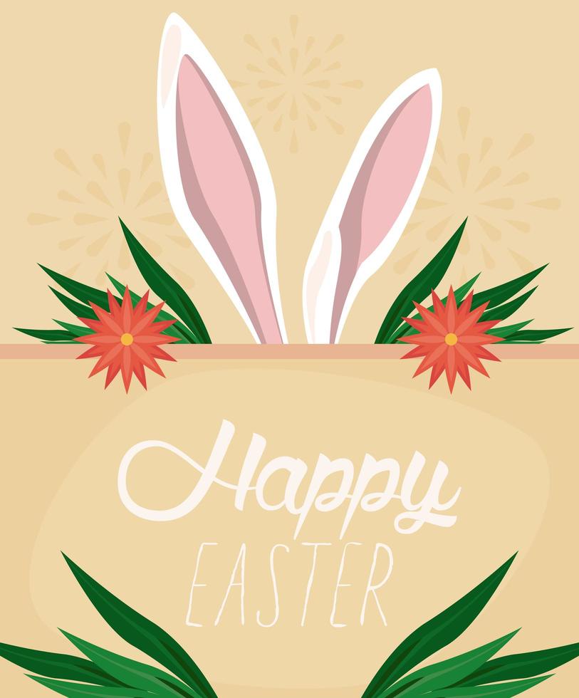 gelukkige paaskaart met bloemen en oren konijn vector