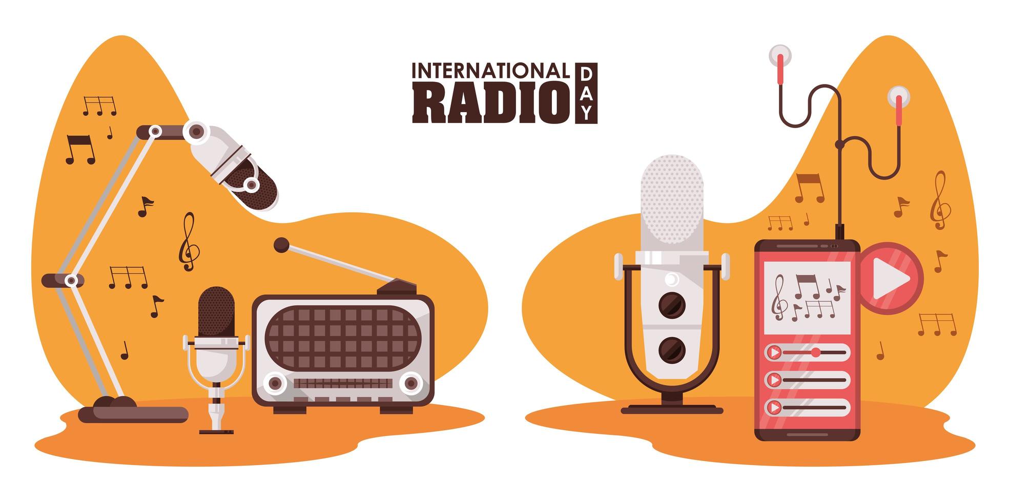 internationale radiodag poster met retro aparatus en microfoons vector