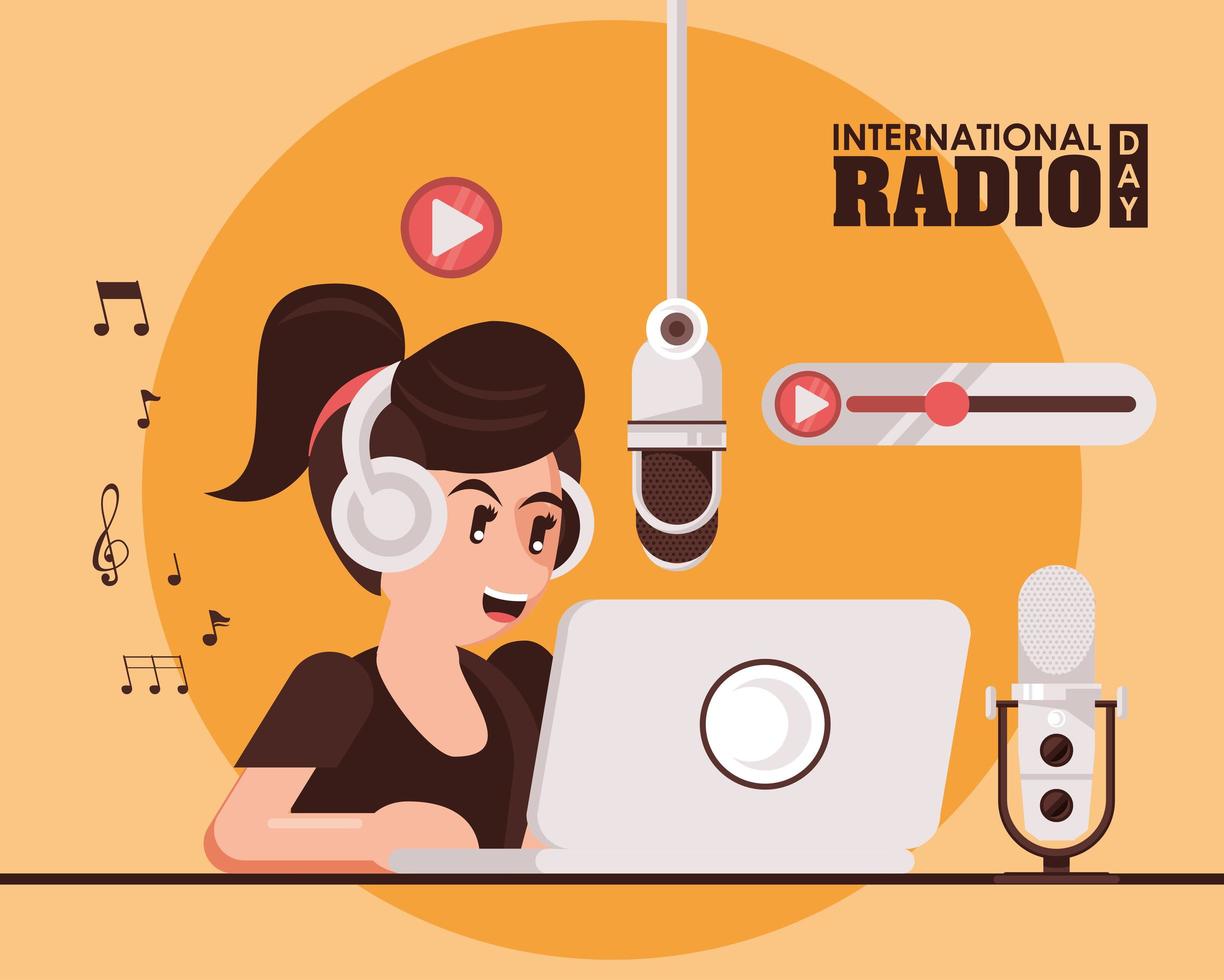 internationale radiodag-poster met vrouwelijke omroeper vector