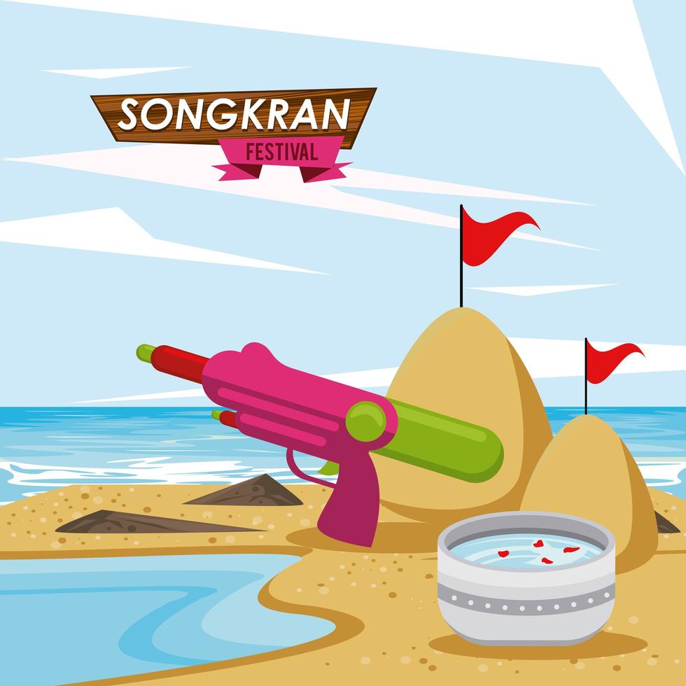 songkran-feest met schotelkom op het strand vector