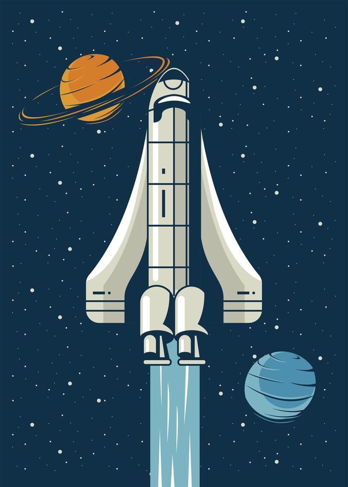 ruimteschip en planeten in vintage posterstijl vector