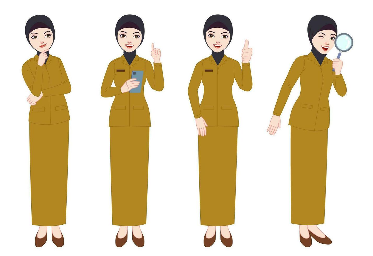 divers stijlen en poses van mooi Indonesisch civiel bedienden vervelend uniformen en hijaabs vector