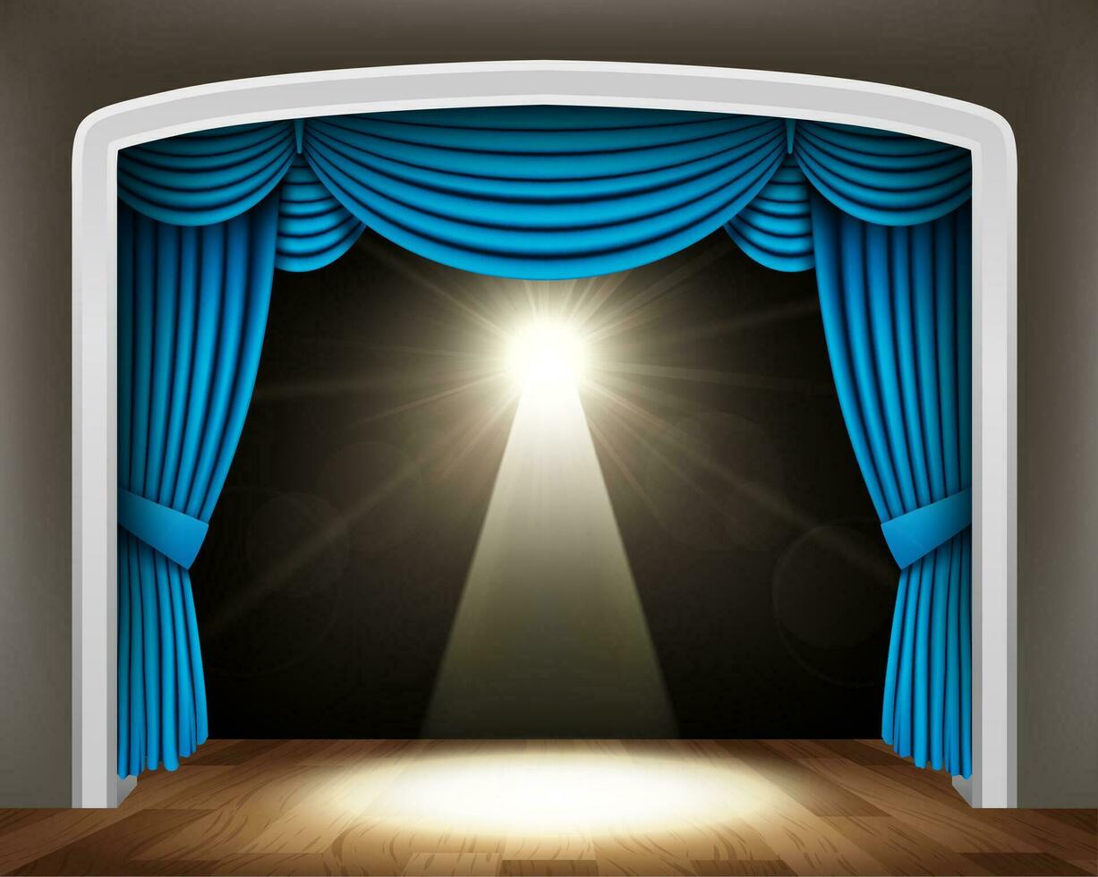 blauw gordijn van klassiek theater met spotlight Aan hout vloer, vector illustratie