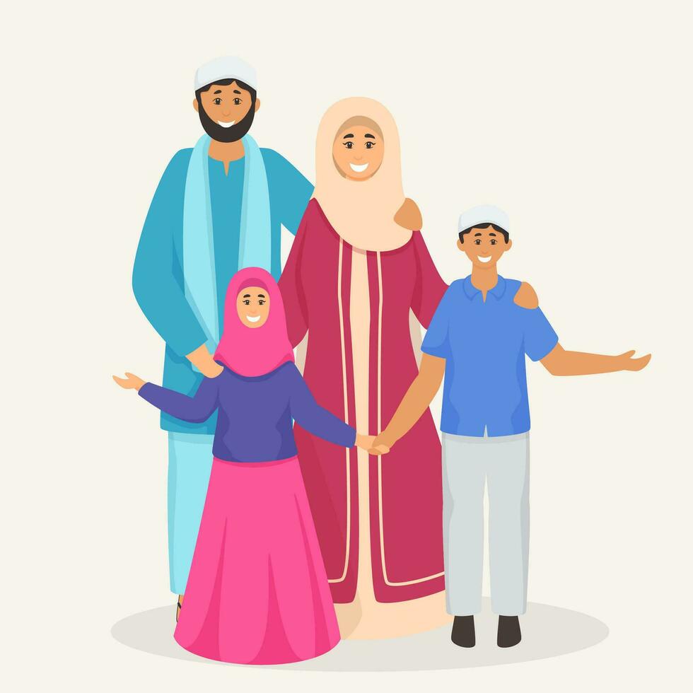 moslim gezinnen vieren festival eid mubarak vector
