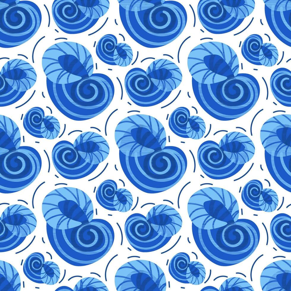 een patroon met tekenfilm blauw wervelende schelpen, een huis voor een slak. vector illustratie Aan de marinier thema. het drukken Aan textiel en papier. omhulsel papier, kleding, kinderen thema's