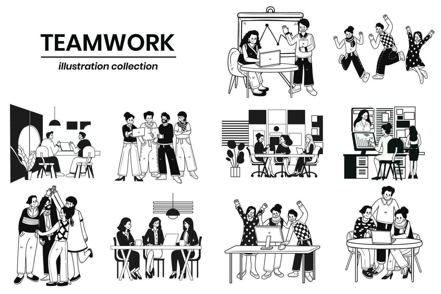 hand- getrokken bedrijf mensen en samenspel in de werkplaats in vlak stijl illustratie voor bedrijf ideeën vector