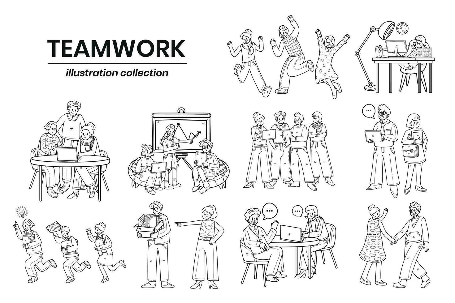 hand- getrokken bedrijf mensen en samenspel in de werkplaats in vlak stijl illustratie voor bedrijf ideeën vector
