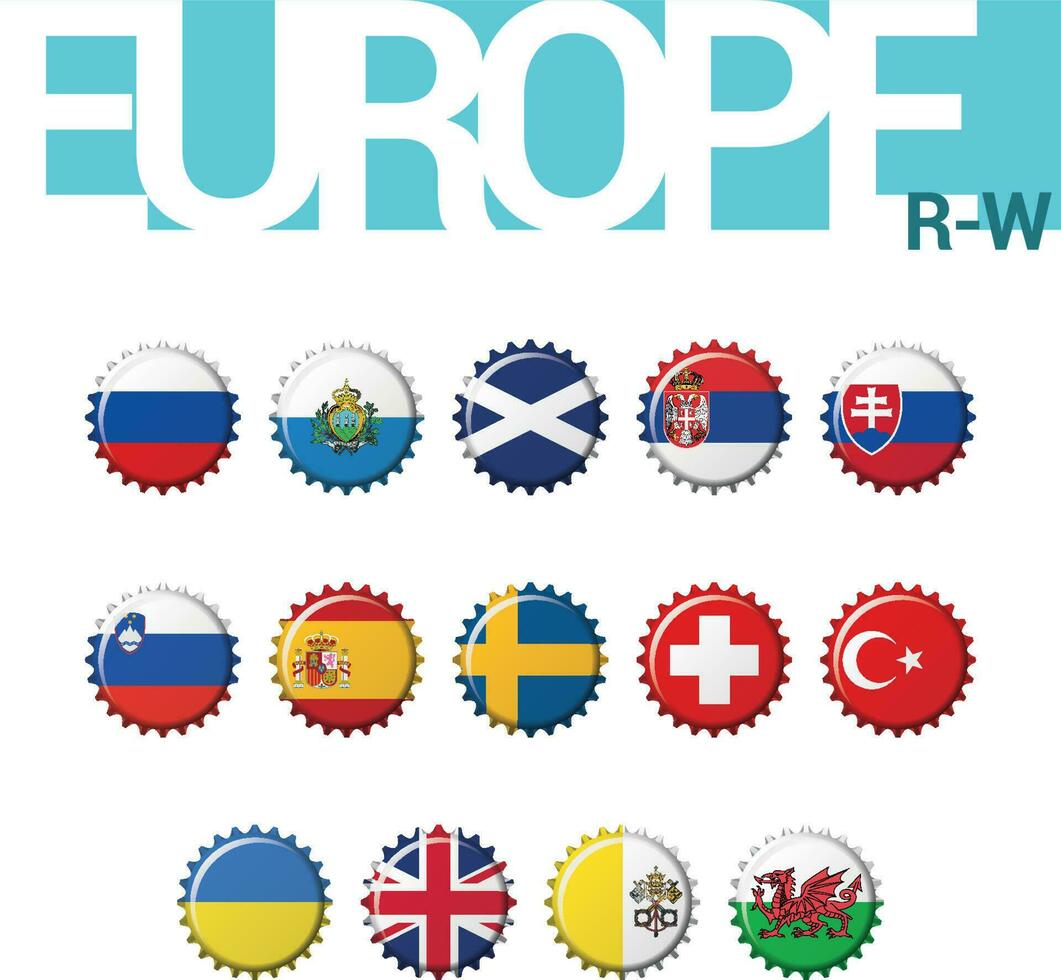 reeks van 14 flesdop vlaggen van Europa. reeks 4 van 4. vector illustratie. Rusland, s. marino, Schotland, servië, Slowakije, Slovenië, Spanje, Zweden, Zwitserland, kalkoen, Oekraïne, uk, Vaticaan stad, Wales.