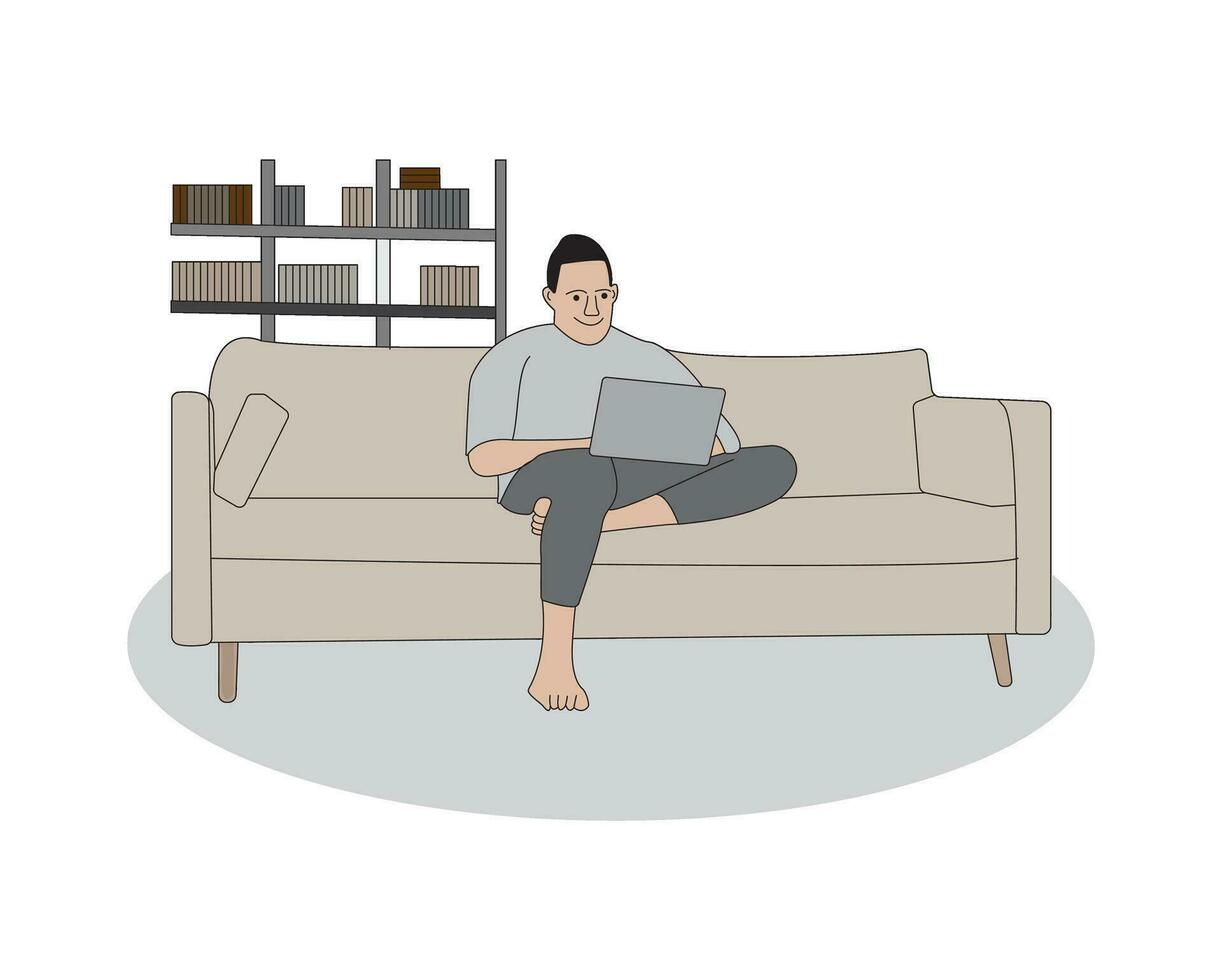 doorlopend lijn tekening van Mens werk van huis Bij sofa met laptop. vector