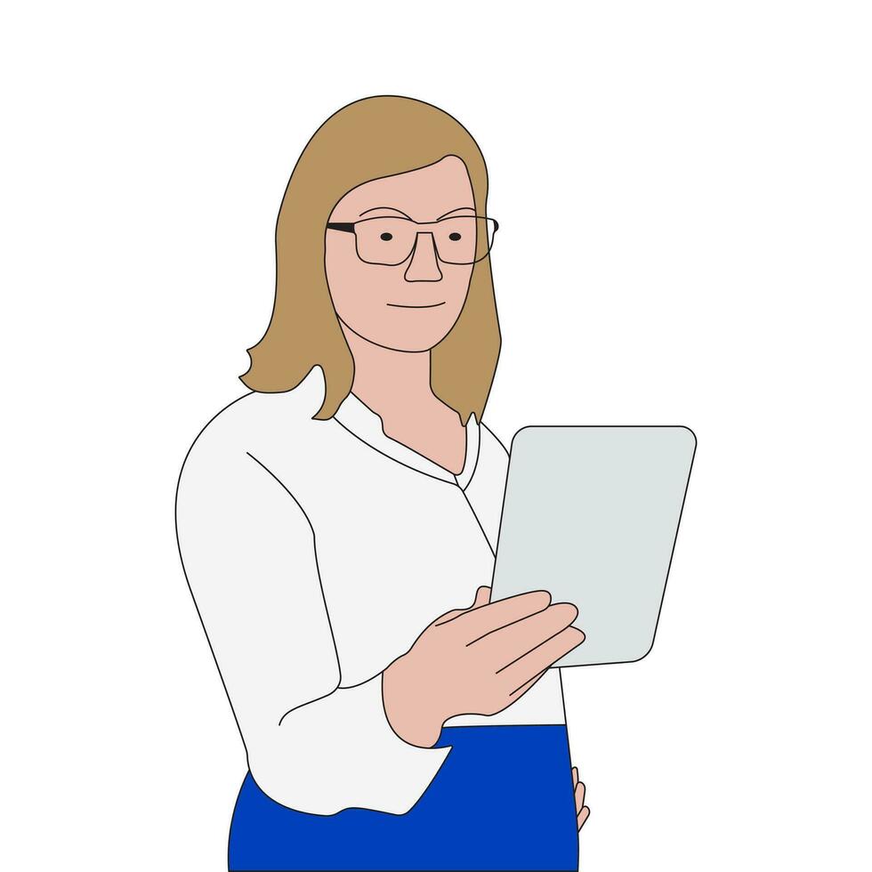 vrij kleurrijk lijn kunst illustratie, bedrijf vrouw aan het doen werk met de gebruiker tablet vector