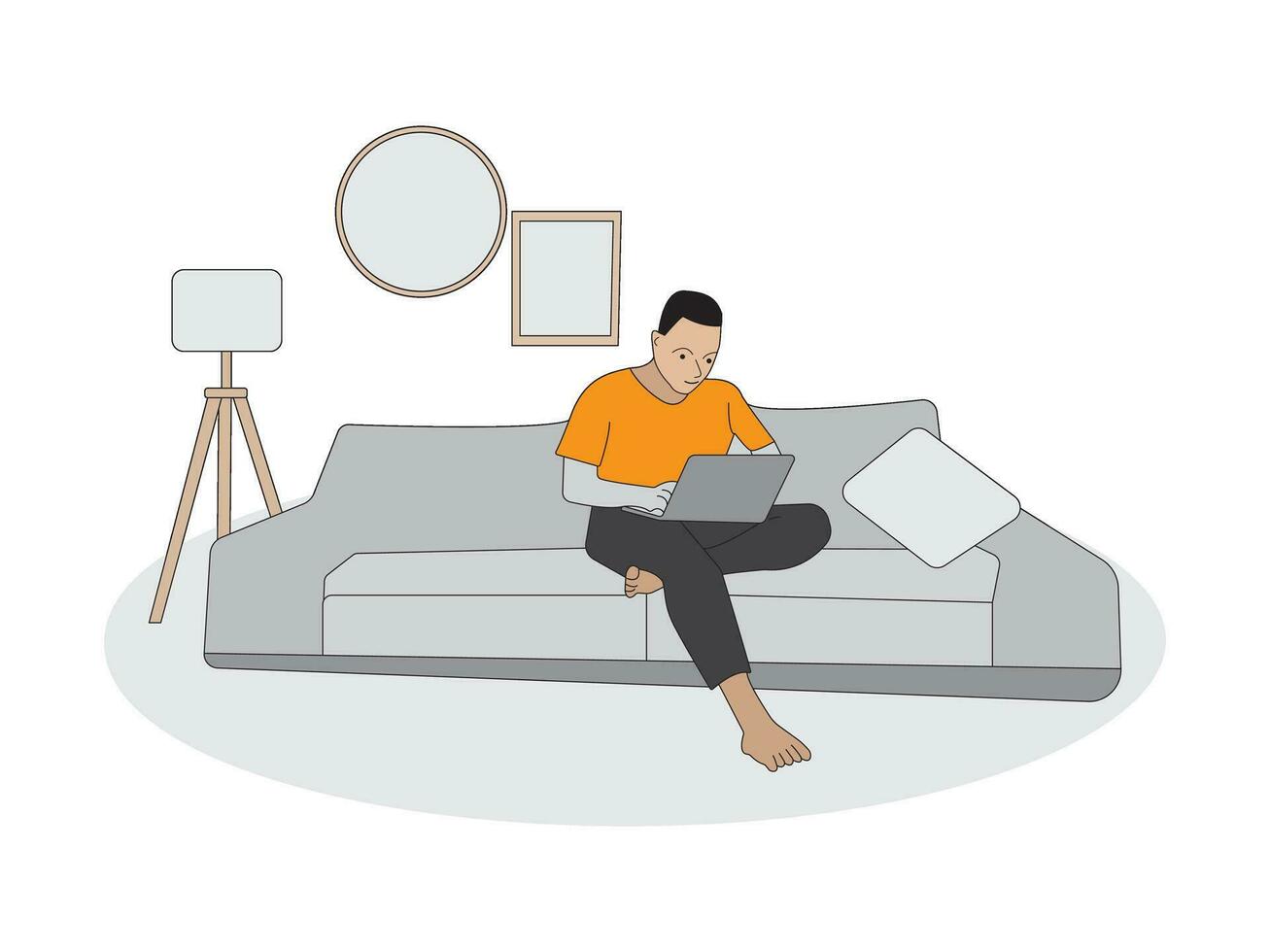 doorlopend lijn tekening van Mens werk van huis Bij sofa met laptop. single lijn kunst van afgelegen arbeider. vector illustratie