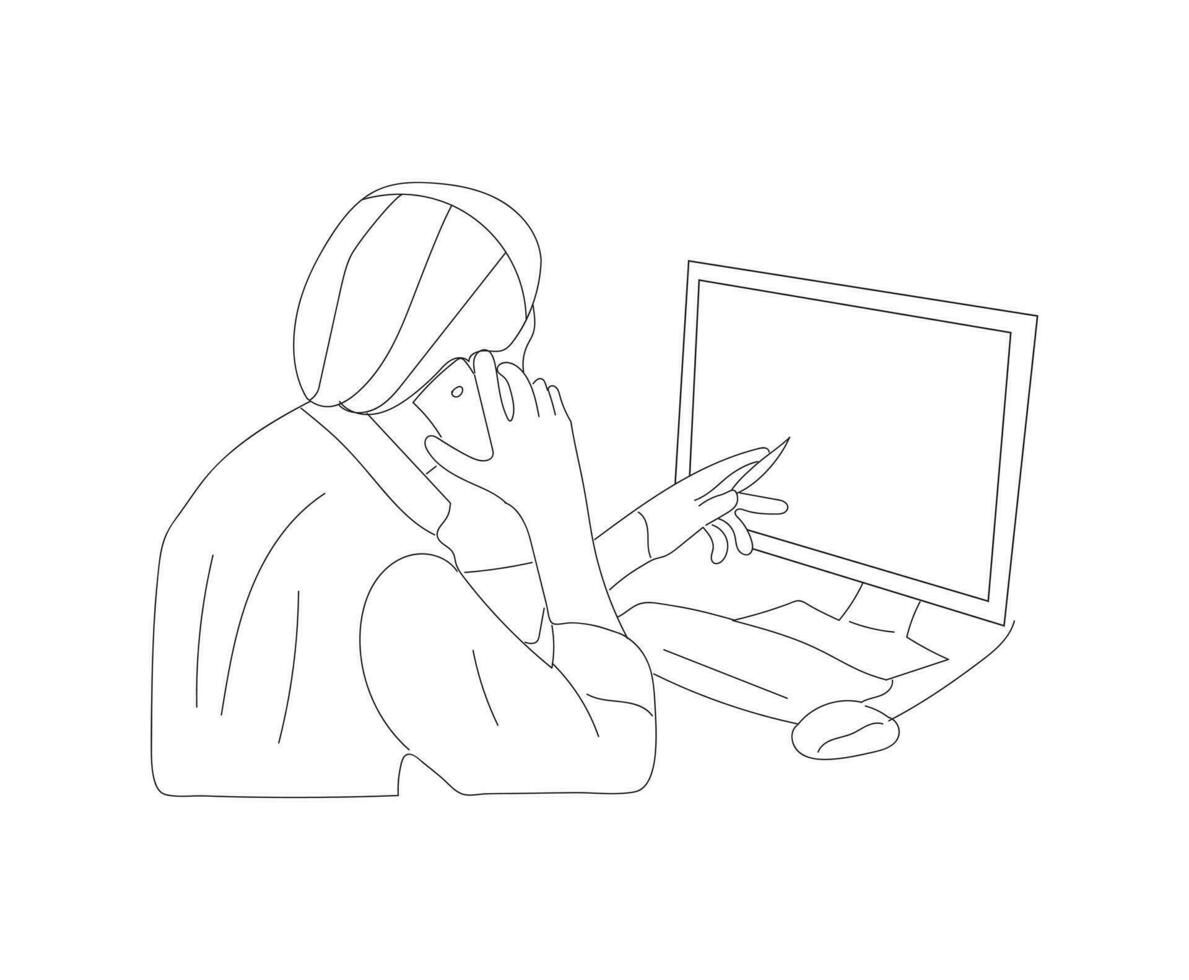vrij zakenman werken met computer geïsoleerd vector illustratie schets hand- getrokken tekening lijn kunst
