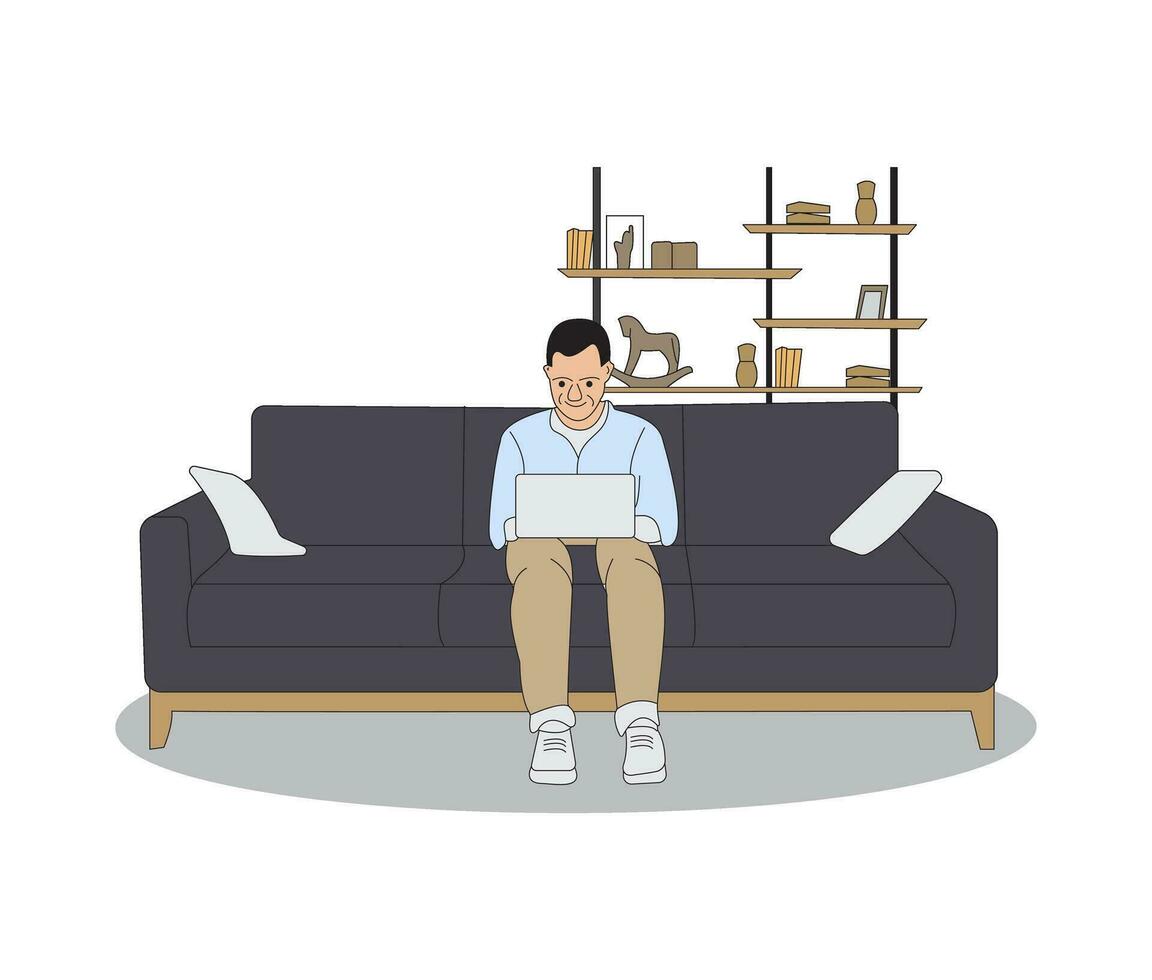 bedrijf Mens werken Aan een sofa gebruik makend van laptop van huis vlak kleur lijn kunst minimaal illustratie vector