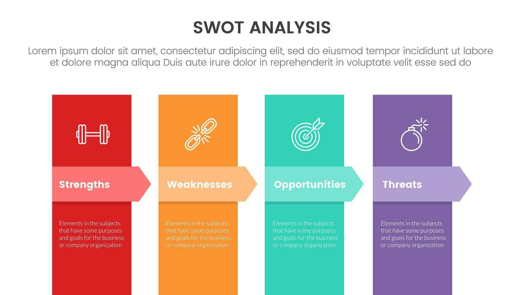 swot analyse concept met lang verticaal doos en Rechtsaf pijl voor infographic sjabloon banier met vier punt lijst informatie vector