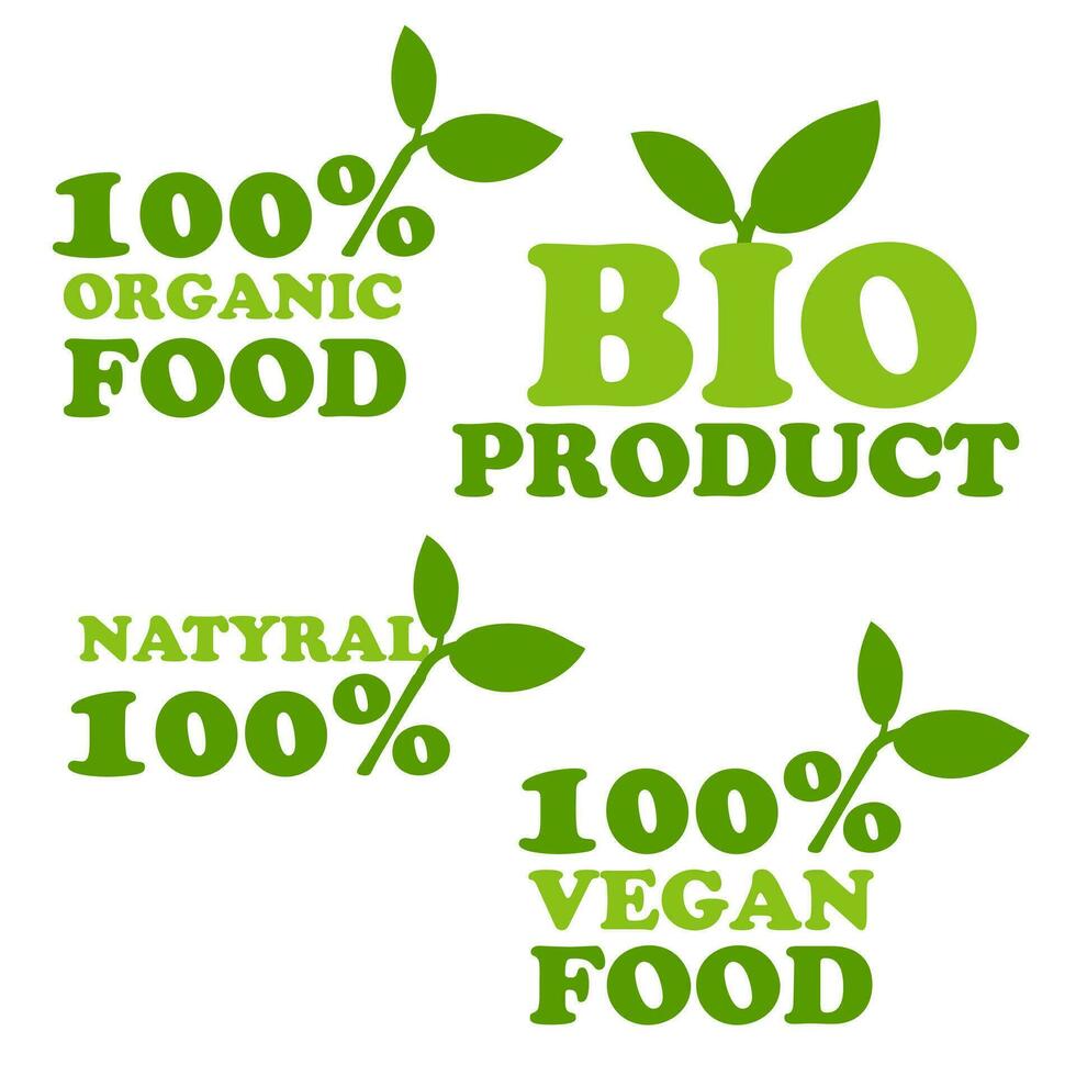 biologisch natuurlijk bio etiketten icoon set, gezond voedsel pictogrammen, 100 biologisch voedsel, vers biologisch vegetarisch voedsel. vector illustratie. het drukken Aan verpakking voor goederen in winkels. een teken van natuurlijkheid. Afdeling