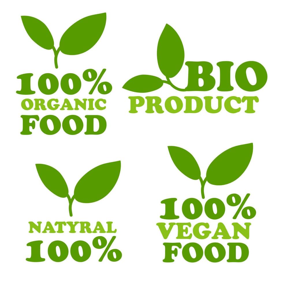 biologisch natuurlijk bio etiketten icoon set, gezond voedsel pictogrammen, 100 biologisch voedsel, vers biologisch vegetarisch voedsel. vector illustratie. het drukken Aan verpakking voor goederen in winkels. een teken van natuurlijkheid. Afdeling