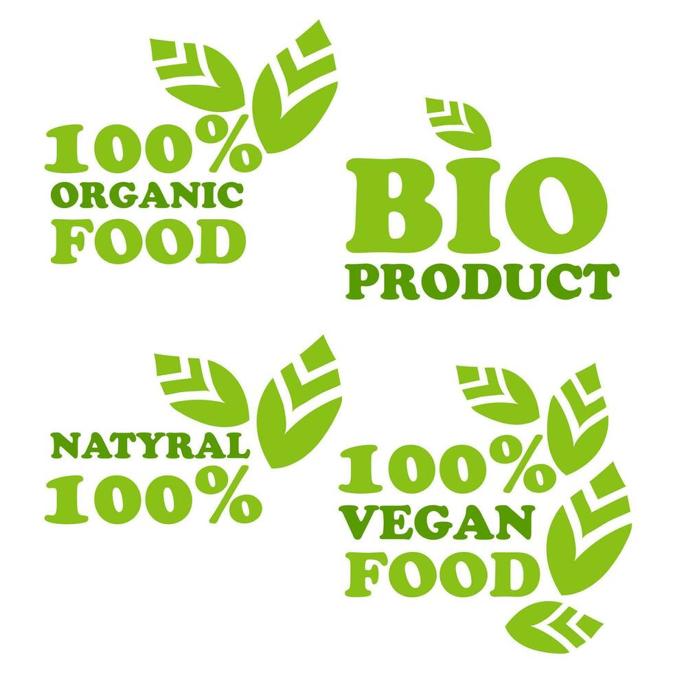 biologisch natuurlijk bio etiketten icoon set, gezond voedsel pictogrammen, 100 biologisch voedsel, vers biologisch vegetarisch voedsel. vector illustratie. het drukken Aan verpakking voor goederen in winkels. een teken van natuurlijkheid. vertrekken