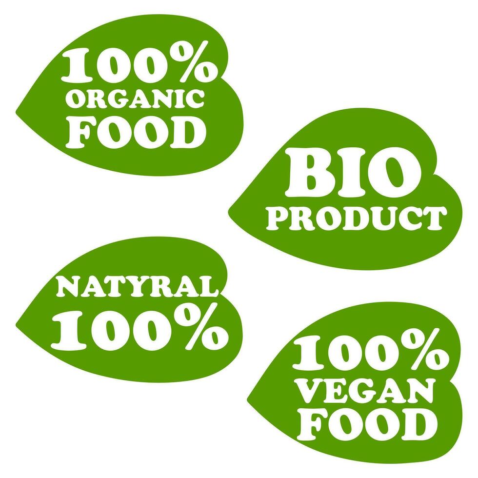 biologisch natuurlijk bio etiketten icoon set, gezond voedsel pictogrammen, 100 biologisch voedsel, vers biologisch vegetarisch voedsel. vector illustratie. het drukken Aan verpakking voor goederen in winkels. een teken van natuurlijkheid. bladeren