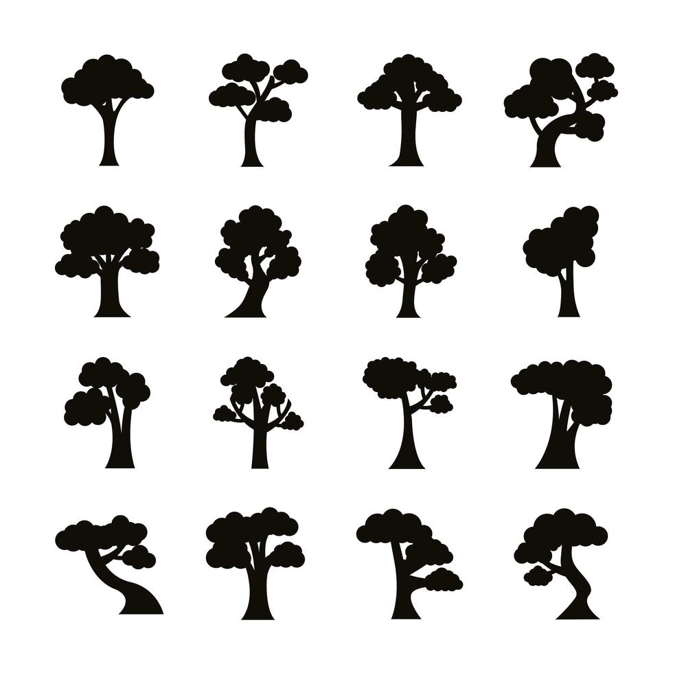 bundel van zestien bomen set pictogrammen vector