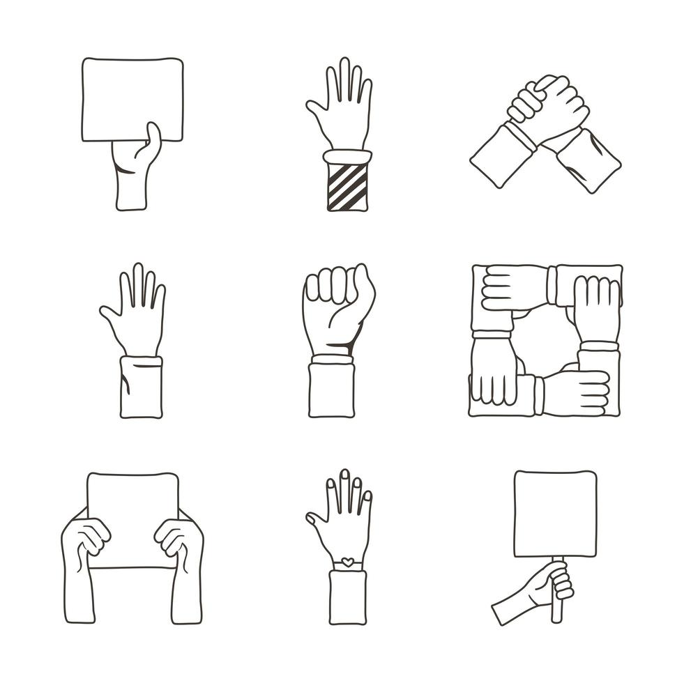 bundel van negen handen protest set pictogrammen vector