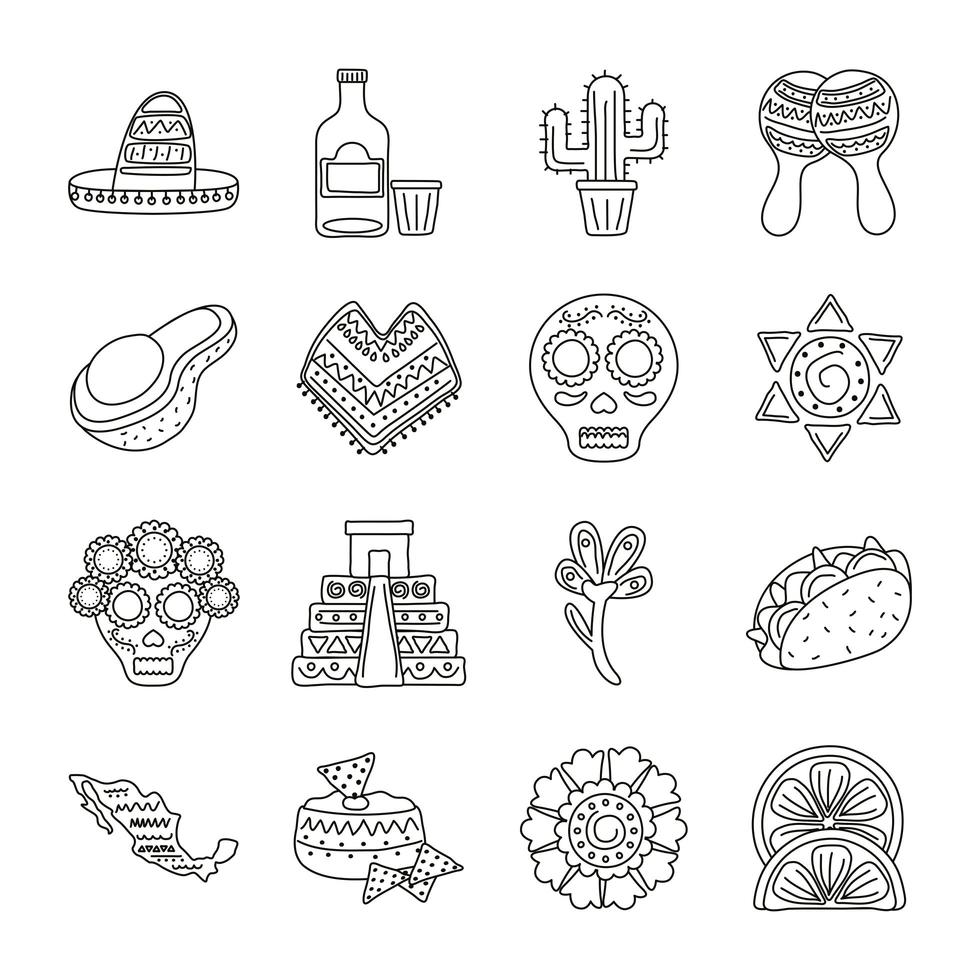 bundel van zestien Mexicaanse etniciteit set collectie iconen vector