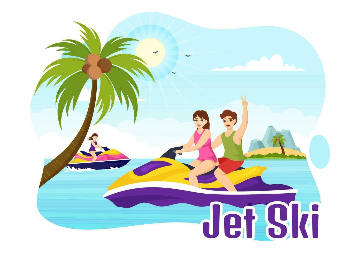 mensen rijden Jet ski vector illustratie zomer vakantie recreatie, extreem water sport- en toevlucht strand werkzaamheid in hand- getrokken vlak tekenfilm sjabloon