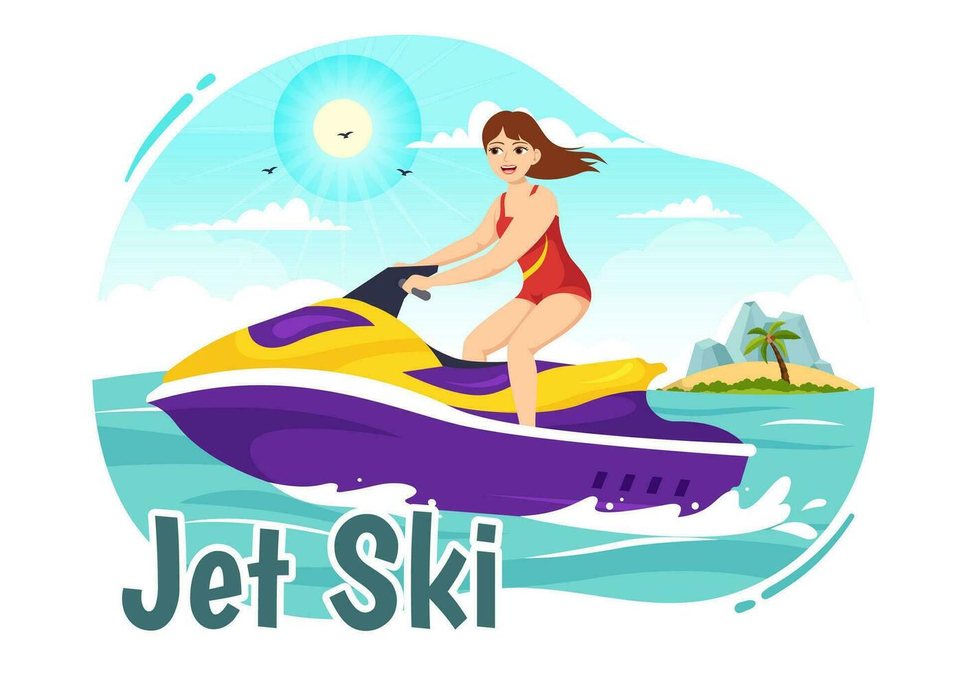 mensen rijden Jet ski vector illustratie zomer vakantie recreatie, extreem water sport- en toevlucht strand werkzaamheid in hand- getrokken vlak tekenfilm sjabloon
