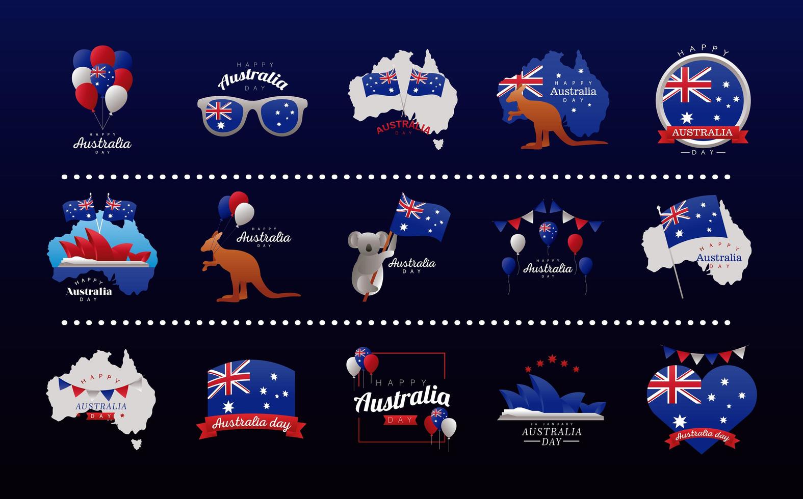 stel pictogrammen van de gelukkige viering van de dag van australië op blauwe achtergrond vector